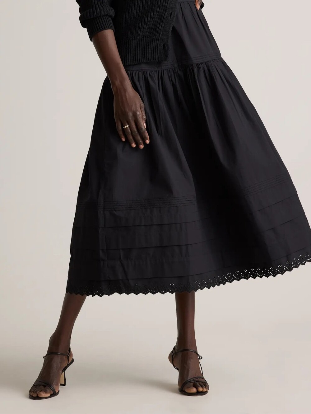 Quince Organic Cotton Poplin Pintuck Skirt Black Tiered Maxi Skirt   NWT Size Sm